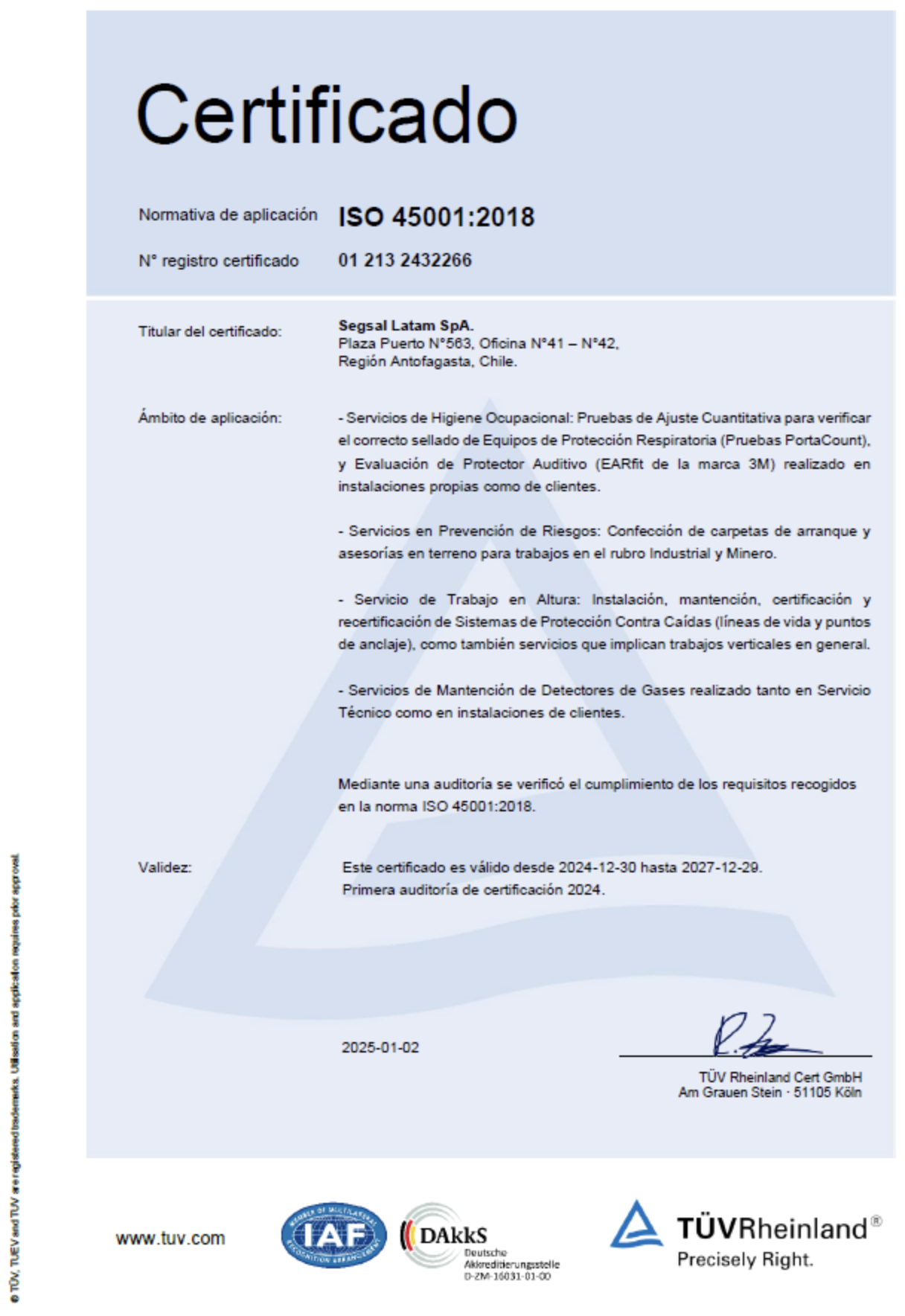 Certificado ISO 45001:2018